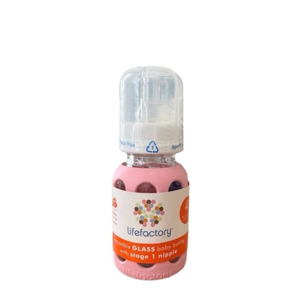 NEW Lifefactory BPA Free‎ 4 oz Glass Pink Silicone Grip Baby Bottle